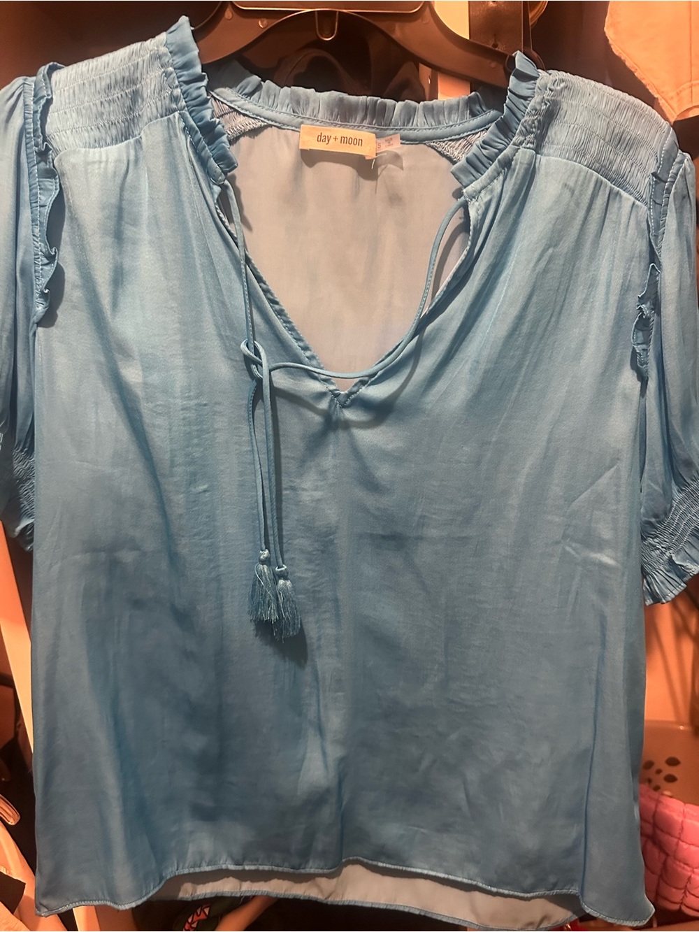 Light Blue Peasant Blouse with Tassel Tie